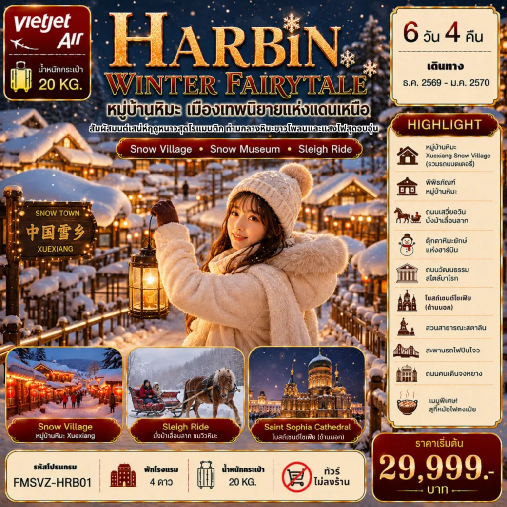 ทัวร์จีน เมืองเทพนิยายแห่งแดนเหนือ พักหมู่บ้านหิมะใหม่ 1 คืน 6วัน 4คืน (VZ)